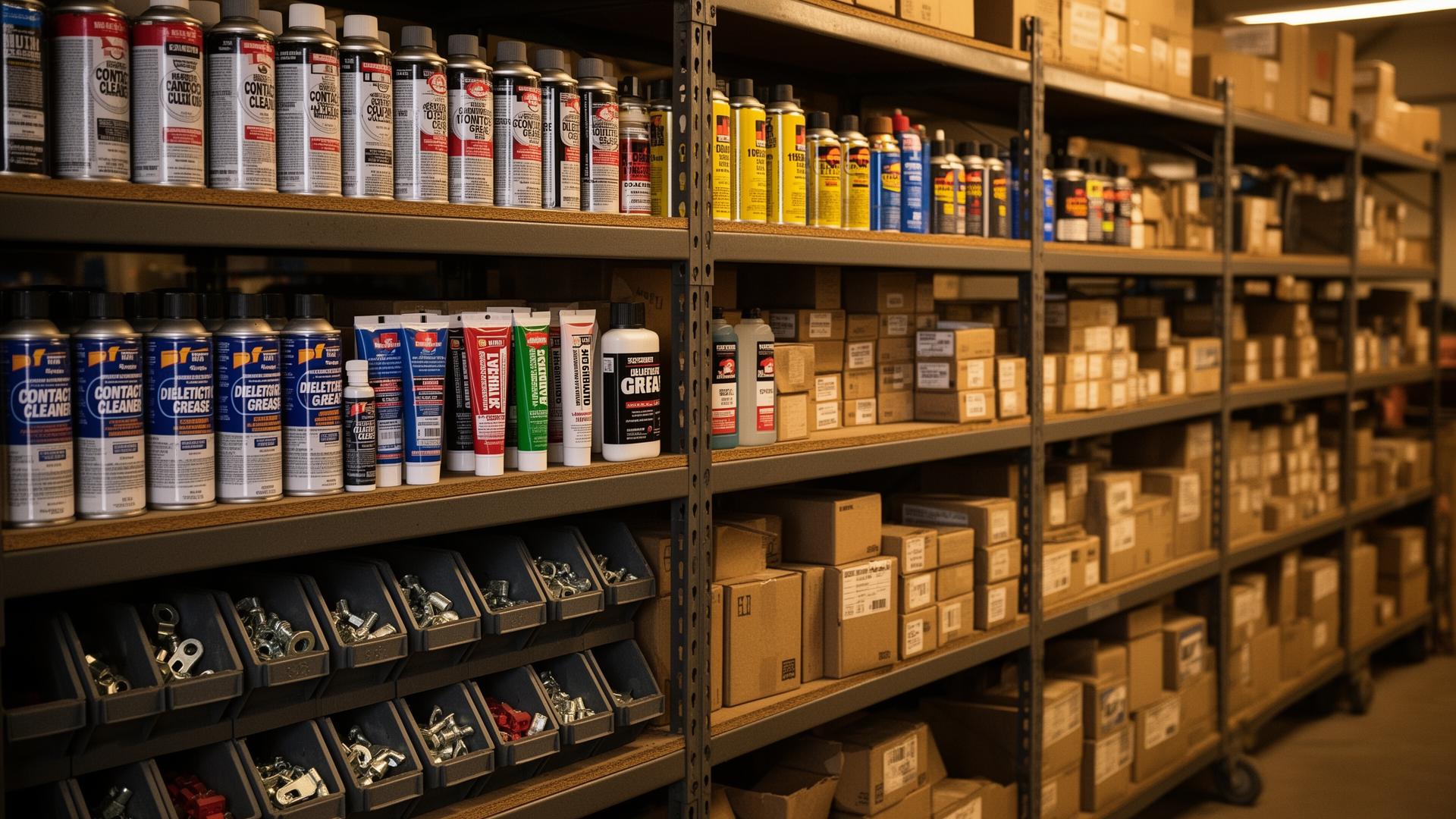 Shelves stocked with contact cleaner, dielectric grease, lubricants, and electrical hardware